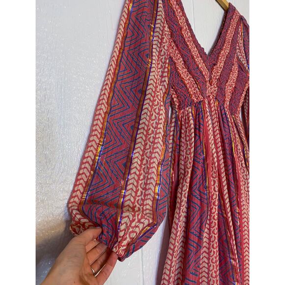 WARM Pink Metallic Striped Long Bishop Sleeve Midi Dress US 0 - Picture 5 of 10